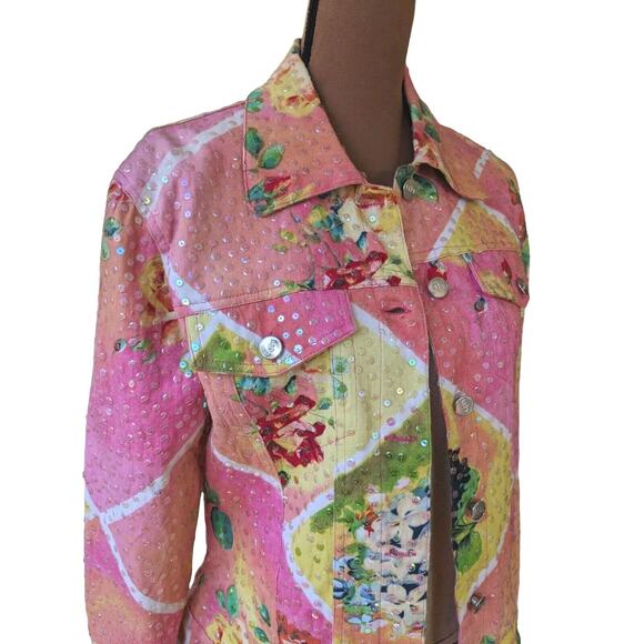 Redd Jeans Trucker Jacket 4 Abstract Floral Iridescent Sequins Cottagecore Artsy - Picture 10 of 16